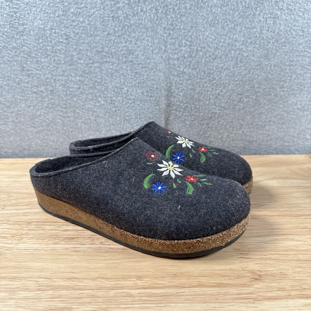 Haflinger wool slippers womens 37 US 6 gray embroidered shoes clogs